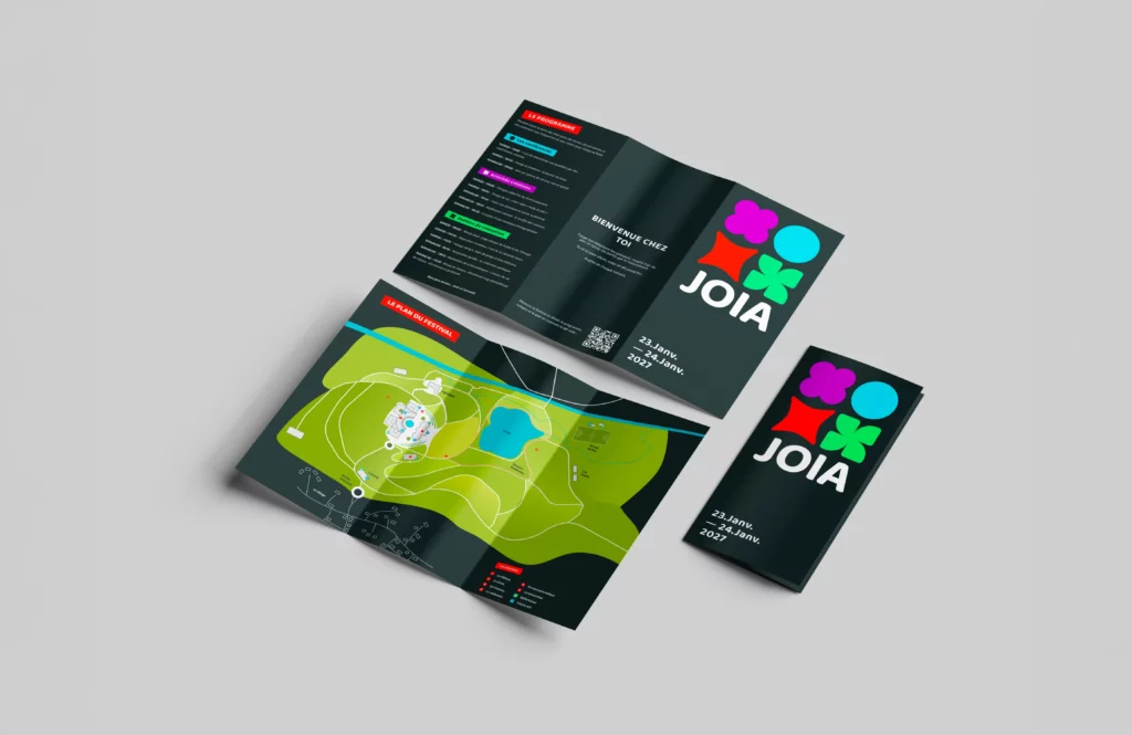 Brochure du festival JOIA présentant le programme, le plan du site et l’identité visuelle avec le logo et les dates 23-24 janvier 2027