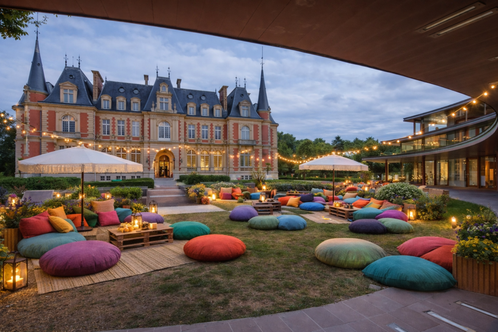 Espace extérieur du festival JOIA avec coussins colorés, lumières suspendues et château en arrière-plan au coucher du soleil