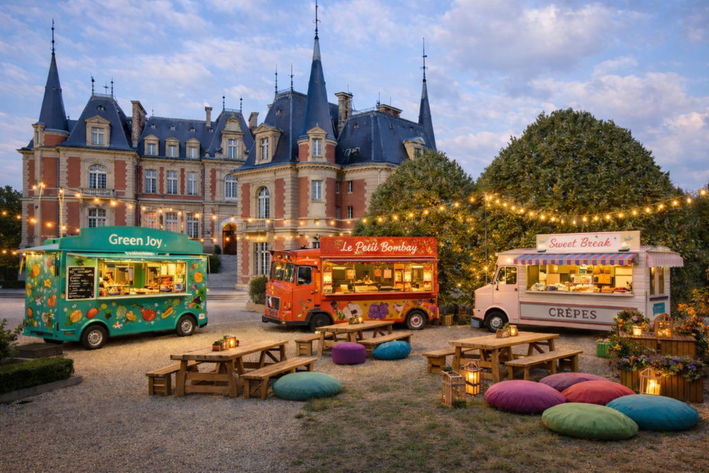 Espace restauration du festival JOIA avec food trucks colorés, tables en bois, coussins au sol et château en arrière-plan