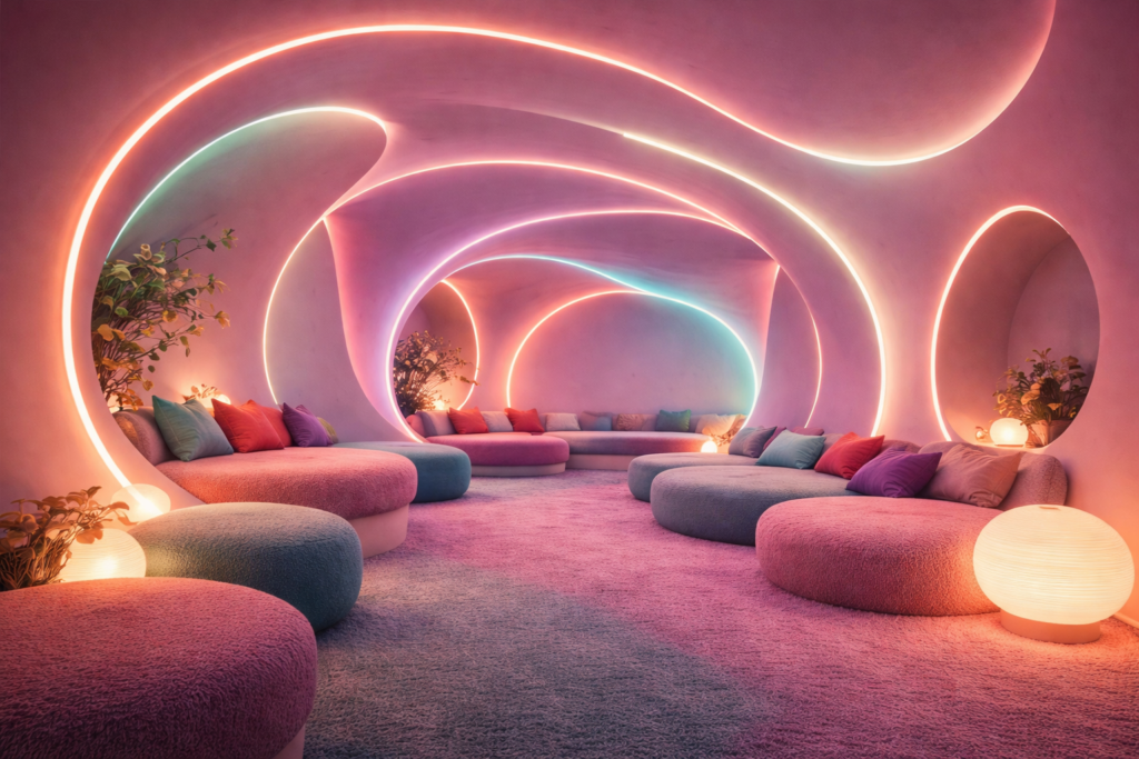 Salle de détente du festival JOIA avec assises arrondies, coussins colorés et éclairage néon doux dans une ambiance immersive